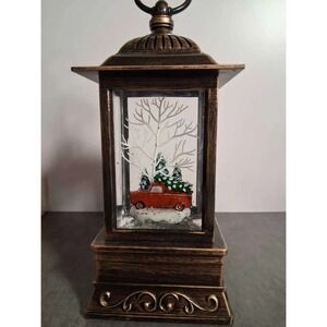 Christmas Red Truck Snow Globe Lantern Bronze Glitter Water Lighted Musical